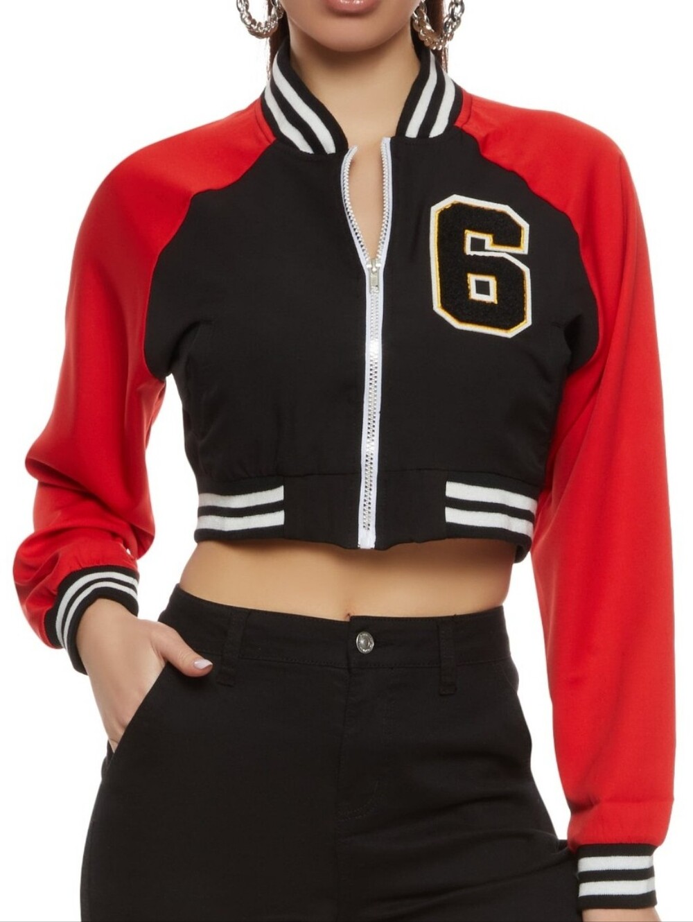Cropped Varsity Zip-Up Jacket in Black and Red (M)